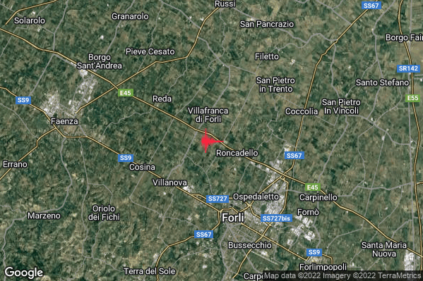 Lieve Terremoto M2.1 epicentro 6 km N Forli (FC) alle 06:00:56 (05:00:56 UTC)