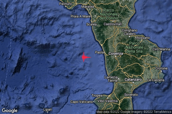 Debole Terremoto M2.4 epicentro Costa Calabra nord-occidentale (Cosenza) alle 20:04:03 (19:04:03 UTC)