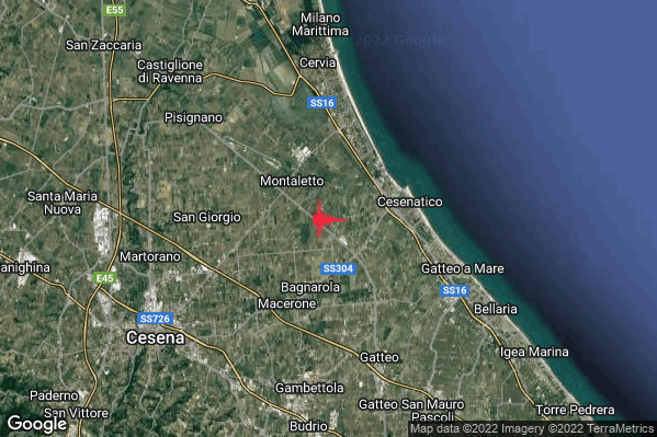 Debole Terremoto M2.4 epicentro 3 km W Cesenatico (FC) alle 21:42:35 (20:42:35 UTC)