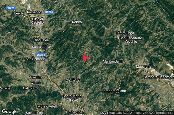 Leggero Terremoto M3.0 epicentro 5 km NE Montone (PG) alle 22:36:20 (21:36:20 UTC)