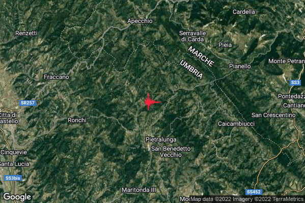 Debole Terremoto M2.4 epicentro 4 km N Pietralunga (PG) alle 02:23:22 (01:23:22 UTC)