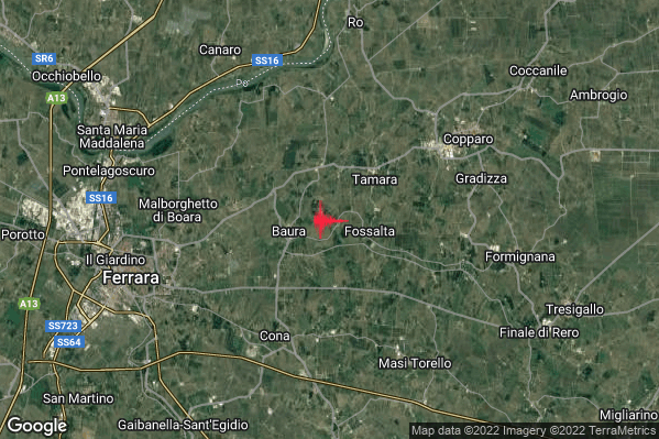 Debole Terremoto M2.6 epicentro 8 km SW Copparo (FE) alle 12:23:01 (11:23:01 UTC)
