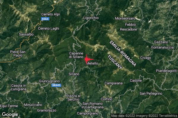 Debole Terremoto M2.4 epicentro 4 km NE Sillano Giuncugnano (LU) alle 12:28:51 (11:28:51 UTC)