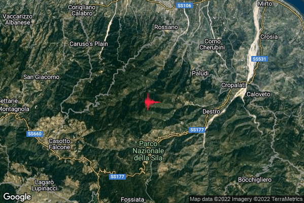 Debole Terremoto M2.4 epicentro 6 km N Longobucco (CS) alle 05:04:18 (04:04:18 UTC)