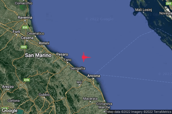 Debole Terremoto M2.6 epicentro Costa Marchigiana Anconetana (Ancona) alle 12:20:59 (11:20:59 UTC)