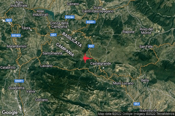 Debole Terremoto M2.5 epicentro 3 km W Castelgrande (PZ) alle 00:38:30 (23:38:30 UTC)
