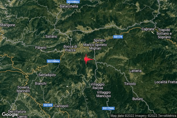 Debole Terremoto M2.7 epicentro 10 km E Parenti (CS) alle 13:45:29 (12:45:29 UTC)