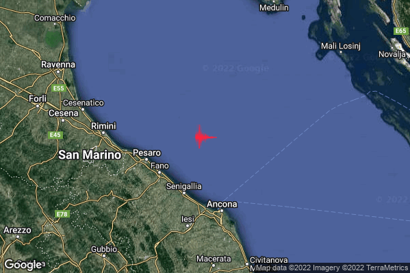 Debole Terremoto M2.5 epicentro Costa Marchigiana Pesarese (Pesaro-Urbino) alle 21:40:03 (20:40:03 UTC)