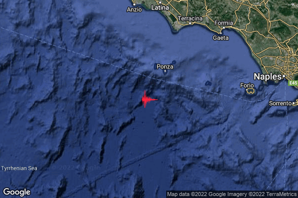 Debole Terremoto M2.3 epicentro Tirreno Centrale (MARE) alle 13:01:58 (12:01:58 UTC)