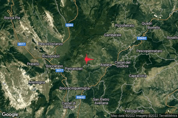Debole Terremoto M2.3 epicentro 4 km W Ateleta (AQ) alle 20:26:44 (19:26:44 UTC)