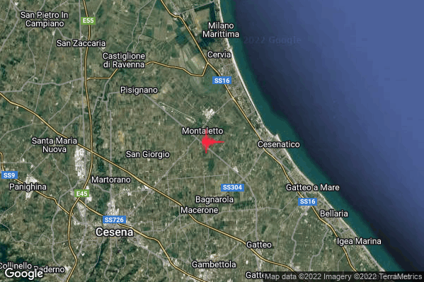 Debole Terremoto M2.3 epicentro 4 km W Cesenatico (FC) alle 10:30:37 (09:30:37 UTC)