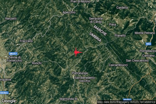 Debole Terremoto M2.3 epicentro 4 km N Pietralunga (PG) alle 01:44:48 (00:44:48 UTC)