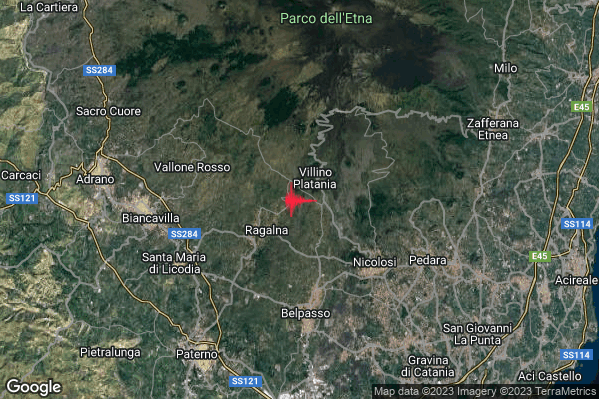 Leggero Terremoto M2.8 epicentro 4 km NE Ragalna (CT) alle 11:28:53 (10:28:53 UTC)