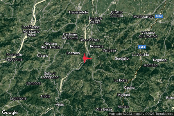 Lieve Terremoto M2.2 epicentro 3 km S Canossa (RE) alle 15:55:14 (14:55:14 UTC)