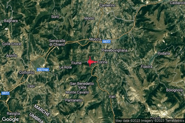 Debole Terremoto M2.4 epicentro 1 km W Pieve Torina (MC) alle 22:54:43 (21:54:43 UTC)