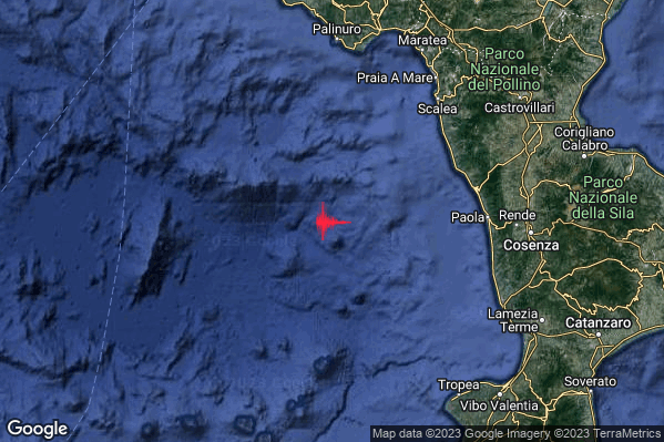 Debole Terremoto M2.4 epicentro Tirreno Meridionale (MARE) alle 23:12:02 (22:12:02 UTC)