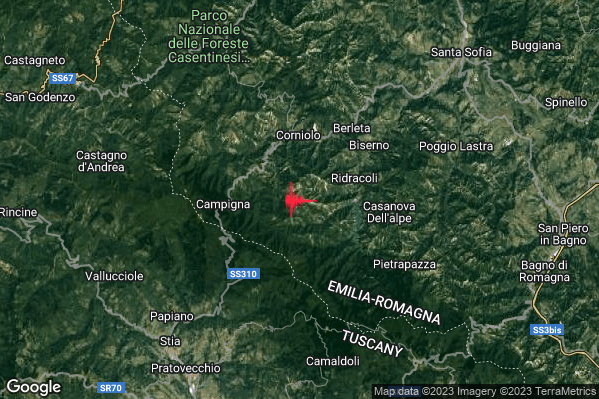Lieve Terremoto M2.1 epicentro 11 km NE Pratovecchio Stia (AR) alle 21:41:14 (20:41:14 UTC)