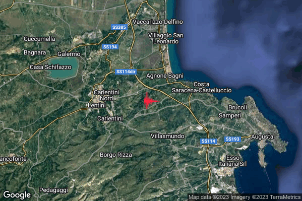 Debole Terremoto M2.6 epicentro 5 km E Carlentini (SR) alle 10:17:10 (09:17:10 UTC)