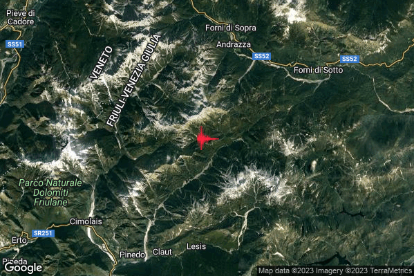 Lieve Terremoto M2.0 epicentro 9 km S Forni di Sopra (UD) alle 23:01:37 (22:01:37 UTC)