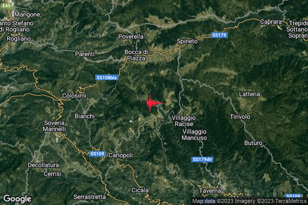 Debole Terremoto M2.6 epicentro 7 km NE Panettieri (CS) alle 16:46:54 (15:46:54 UTC)
