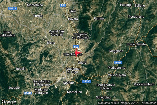 Lieve Terremoto M2.1 epicentro 3 km SW Campello sul Clitunno (PG) alle 23:22:37 (22:22:37 UTC)