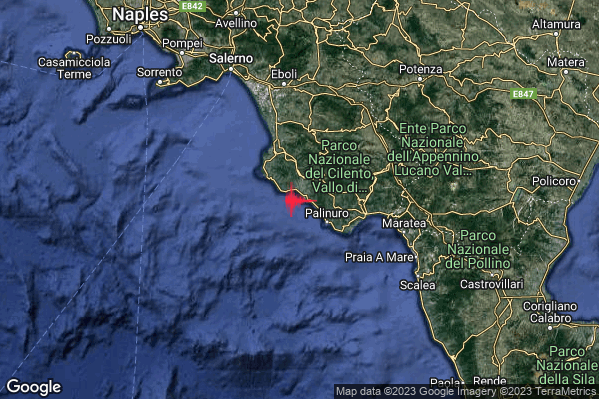 Leggero Terremoto M3.1 epicentro Costa Cilentana (Salerno) alle 14:17:31 (13:17:31 UTC)