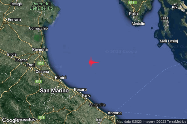 Debole Terremoto M2.4 epicentro Adriatico Settentrionale (MARE) alle 12:57:07 (11:57:07 UTC)