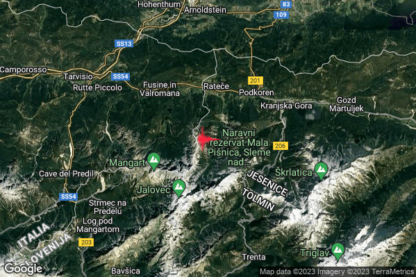 Lieve Terremoto M2.1 epicentro V3 Tarvisio (ITALIA AUSTRIA SLOVENIA) alle 16:33:31 (15:33:31 UTC)
