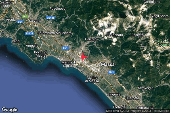 Lieve Terremoto M2.1 epicentro 3 km SW Carrara (MS) alle 05:00:02 (04:00:02 UTC)