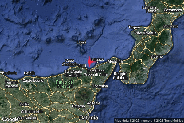 Leggero Terremoto M2.9 epicentro Costa Siciliana nord-orientale (Messina) alle 19:04:25 (18:04:25 UTC)