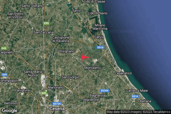 Leggero Terremoto M2.9 epicentro 5 km SW Cervia (RA) alle 22:46:32 (21:46:32 UTC)