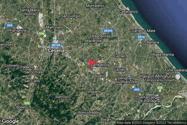 Debole Terremoto M2.4 epicentro 1 km W Gambettola (FC) alle 18:46:19 (17:46:19 UTC)