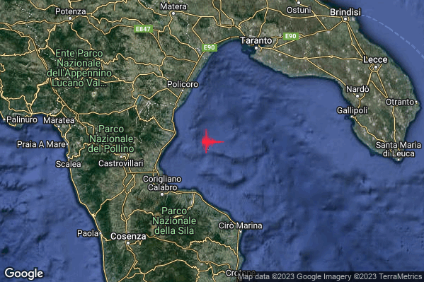 Debole Terremoto M2.3 epicentro Mar Ionio Settentrionale (MARE) alle 18:16:26 (17:16:26 UTC)