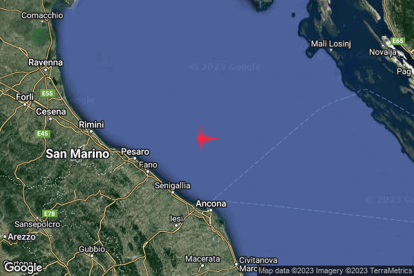 Debole Terremoto M2.3 epicentro Costa Marchigiana Anconetana (Ancona) alle 00:27:27 (23:27:27 UTC)