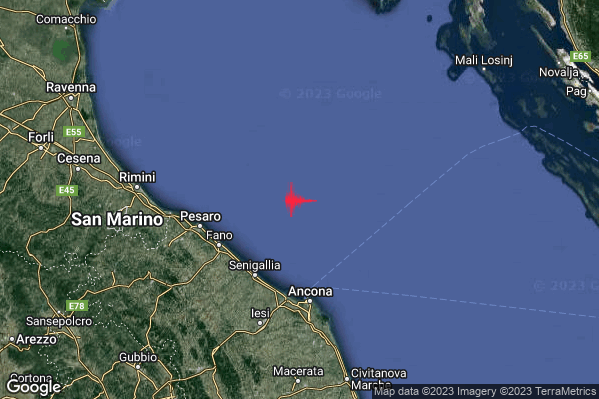 Debole Terremoto M2.4 epicentro Costa Marchigiana Anconetana (Ancona) alle 00:39:52 (23:39:52 UTC)