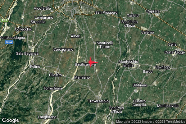 Leggero Terremoto M2.8 epicentro 4 km W Montechiarugolo (PR) alle 09:46:35 (08:46:35 UTC)