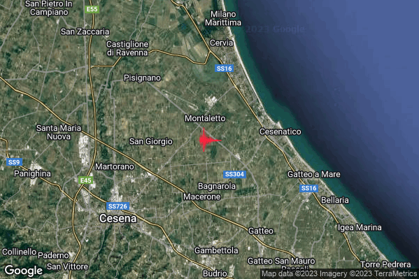 Lieve Terremoto M2.1 epicentro 5 km W Cesenatico (FC) alle 07:08:10 (06:08:10 UTC)