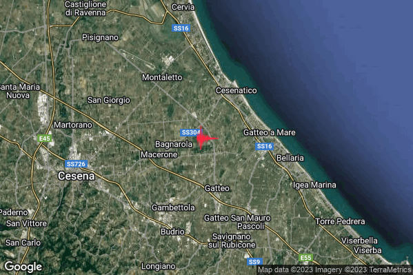 Leggero Terremoto M2.9 epicentro 4 km SW Cesenatico (FC) alle 14:35:15 (13:35:15 UTC)