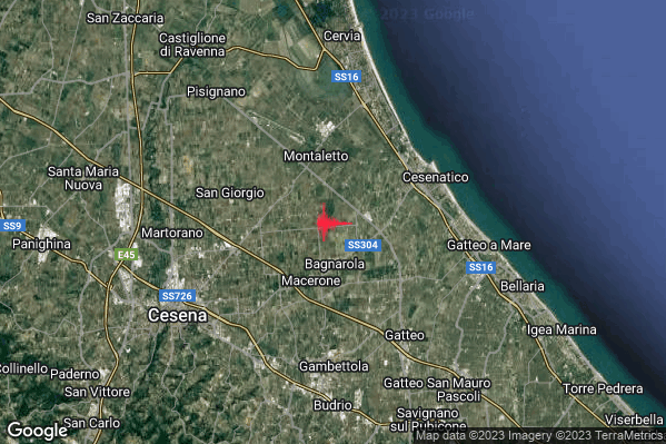 Debole Terremoto M2.5 epicentro 5 km W Cesenatico (FC) alle 00:33:04 (23:33:04 UTC)