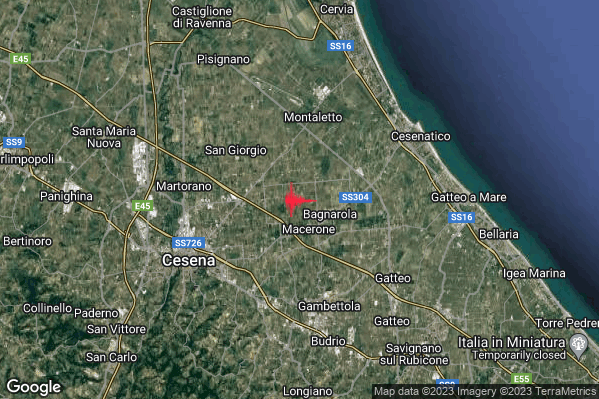 Leggero Terremoto M2.8 epicentro 6 km N Gambettola (FC) alle 14:28:32 (13:28:32 UTC)