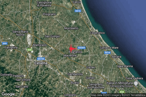 Leggero Terremoto M3.0 epicentro 5 km N Gambettola (FC) alle 15:59:57 (14:59:57 UTC)