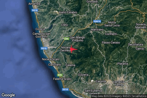Leggero Terremoto M2.9 epicentro 2 km E Nocera Terinese (CZ) alle 16:26:10 (15:26:10 UTC)