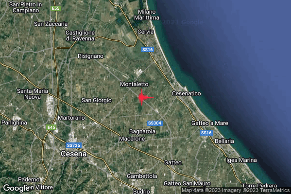 Debole Terremoto M2.3 epicentro 4 km W Cesenatico (FC) alle 23:55:10 (22:55:10 UTC)