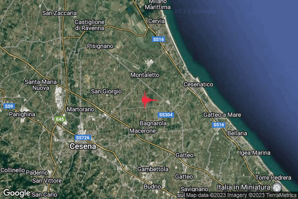 Debole Terremoto M2.3 epicentro 5 km W Cesenatico (FC) alle 00:41:31 (23:41:31 UTC)