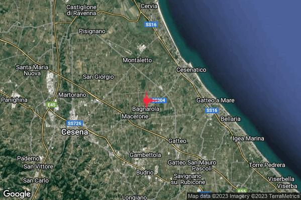 Debole Terremoto M2.4 epicentro 5 km SW Cesenatico (FC) alle 03:23:35 (02:23:35 UTC)