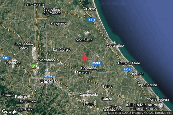 Debole Terremoto M2.5 epicentro 5 km W Cesenatico (FC) alle 03:50:22 (02:50:22 UTC)