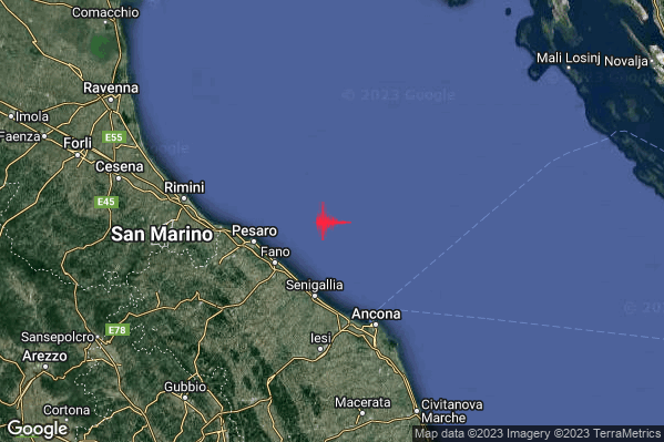 Debole Terremoto M2.4 epicentro Costa Marchigiana Pesarese (Pesaro-Urbino) alle 17:29:36 (16:29:36 UTC)