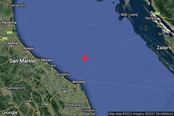 Debole Terremoto M2.4 epicentro Costa Marchigiana Anconetana (Ancona) alle 18:39:41 (17:39:41 UTC)