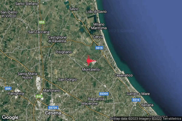Lieve Terremoto M2.2 epicentro 4 km SW Cervia (RA) alle 09:58:00 (08:58:00 UTC)