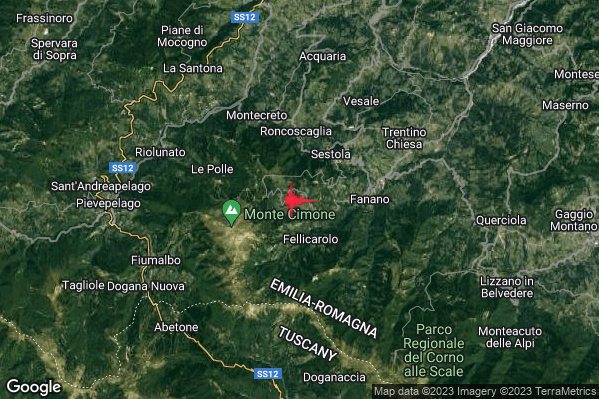 Lieve Terremoto M2.2 epicentro 3 km SW Sestola (MO) alle 19:27:23 (18:27:23 UTC)